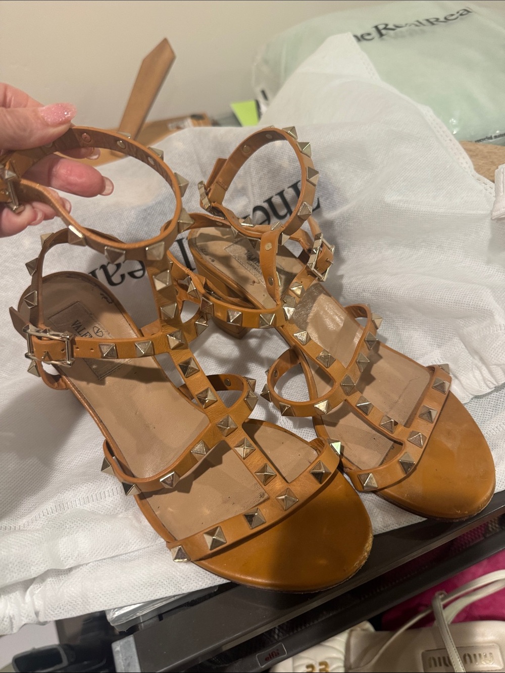 Valentino Tan Pyramid-Stud Ankle-Strap Sandals 36.5